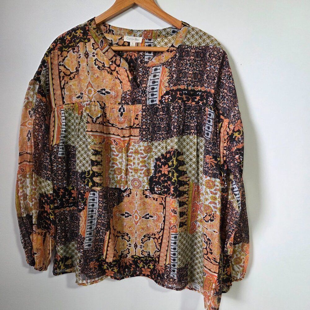 NWOT COTTON BLEU BOHO PRINT SPLIT V NECK LONGSLEEVES TOP SIZE SMALL